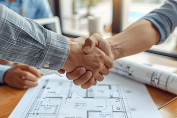 Real Estate Agent Shakes Hands with Clients Over Signed Agreement in Modern Office with Property Blueprints and Laptop