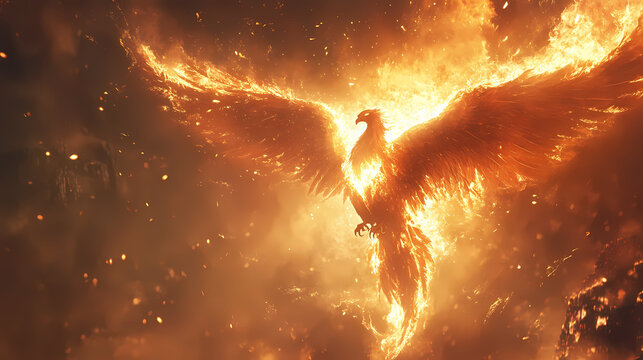 Shows a phoenix rising from the ashes. Phoenix. Illustration