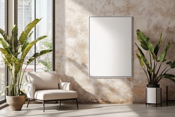 Poster Frame in Beige minimalist living room interior created with generative AI