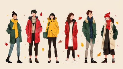 A diverse group of stylishly dressed individuals in colorful autumn outfits, standing against a light background with falling leaves.