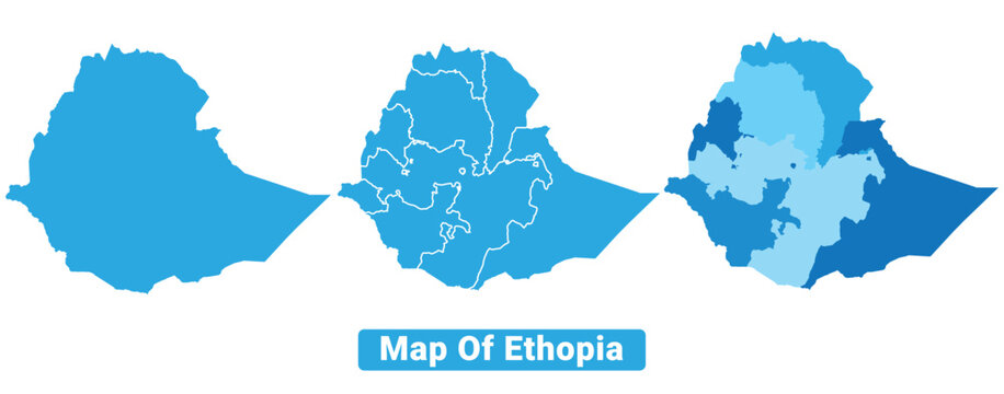 Vector Blue Ethopia political maps with borders regions simple flat illustration set 