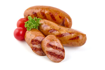 BBQ roasted pork sausages, isolated on white background