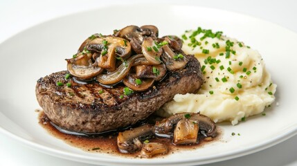 A gourmet steak dish featuring a grilled sirloin topped with saut mushrooms and onions, served with mashed potatoes and a sprinkle of fresh chives, set against a plain white backdrop.