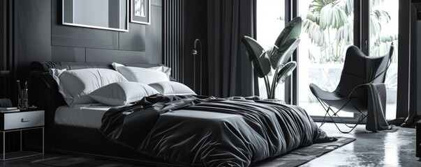 Sleek modern bedroom with a monochrome color scheme, 4K hyperrealistic photo