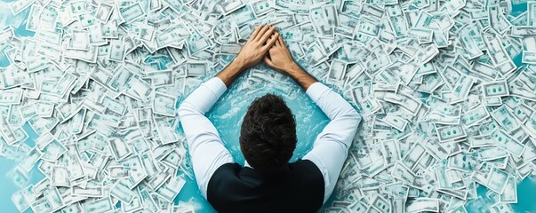Desperate individual trying to escape a rising flood of banknotes, financial pressure, debt drowning