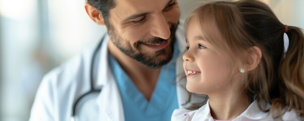 A smiling doctor with a young girl, showing a caring and friendly interaction in a healthcare setting.