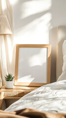 a painting with a white background stands on the bedside table, flowers in a vase stand nearby. Morning, clear day. The room is in light colors