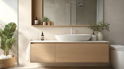 A modern bathroom featuring a minimalist wooden vanity, white sink, and a large mirror with a wooden frame