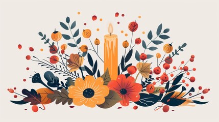 Naklejka premium Autumn floral arrangement with candle, featuring orange and red flowers, berries, and leaves. Perfect for seasonal decoration.