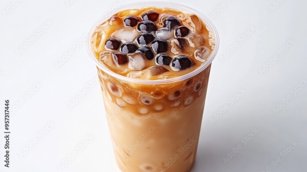 Poster A high-angle shot of a bubble milk tea cup with a layer of ice, showing the drink texture and tapioca pearls, with the pure white background creating a sleek, modern look