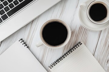 A cozy workspace featuring two coffee cups, a laptop, and notepads on a white wooden table during a quiet afternoon