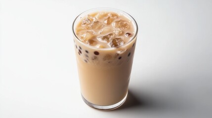 A high-angle shot of a bubble milk tea cup with a layer of ice, showing the drink texture and tapioca pearls, with the pure white background creating a sleek, modern look