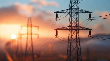 High voltage power lines at sunset, showcasing the infrastructure and energy supply with a vibrant, colorful sky in the background.