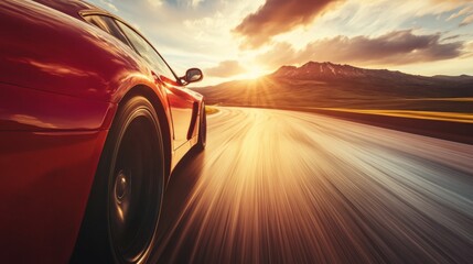 A high-speed car cruising on an open motorway with a picturesque mountain range in the distance, symbolizing freedom and the open road.