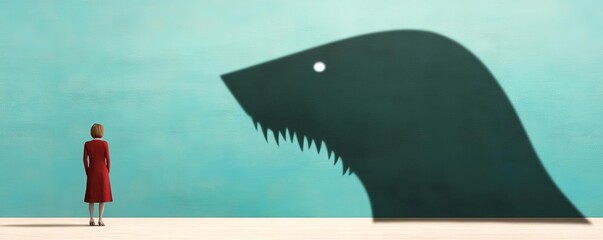 Fototapeta premium Person with a large shadow shaped like a loan shark looming over them, debt fear