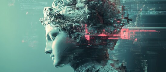 3D depiction of an antique sculpture enhanced with a glitch effect Cyberpunk aesthetic Explores themes of artificial intelligence virtual reality and distrust in advanced systems
