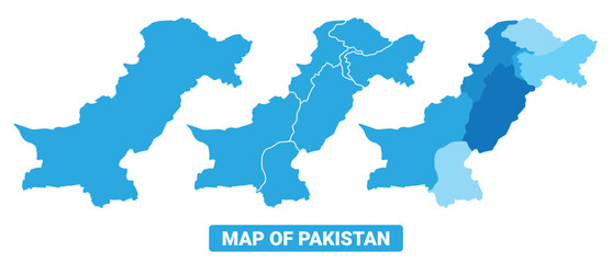 Vector Blue Pakistan political maps with borders regions simple flat illustration set 