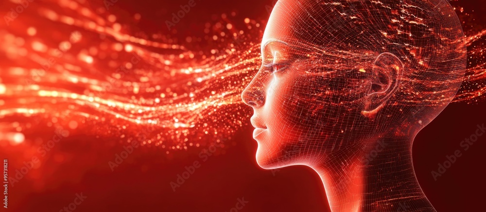 Poster 3d digital human face amidst an abstract flow of sound waves futuristic head against a red backdrop 