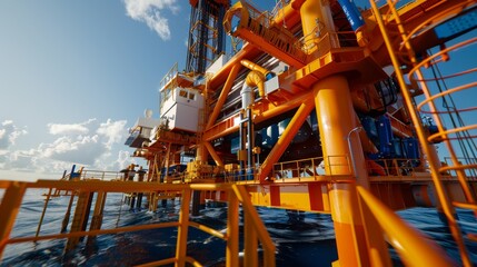 Offshore oil platform with industrial machinery and equipment, highlighting engineering and energy production against a blue sky background.