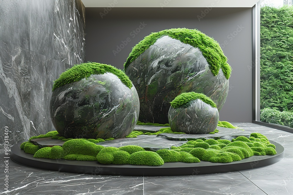 Poster three large rocks with green moss on them are arranged in a circle