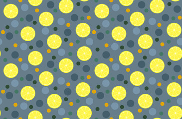 Seamless pattern with print of yellow lemons and blue circles on a blue background