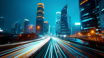 Fototapeta premium Vibrant cityscape at night with light trails and illuminated skyscrapers showcasing urban life and modern architecture.