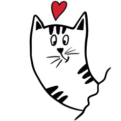 Cute cat with love heart eps vector monochrome black and white illustration, baby animal clipart isolated on transparent background. Kitten outline drawing for logo, print. Doodle hand drawn sketch