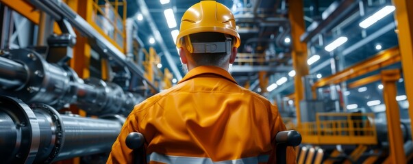 Fototapeta premium Worker in an orange uniform and hard hat inspecting a modern, brightly lit industrial factory or manufacturing facility.