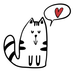 Cute cat in love vector monochrome black and white illustration, baby animal clipart isolated on transparent background. Kitten outline drawing for logo, web, poster, print. Doodle hand drawn sketch