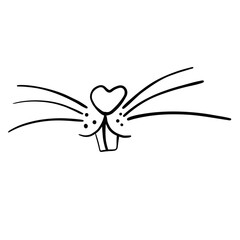 Cute bunny face- nose, whiskers. Vector monochrome black and white illustration, baby animal clipart isolated on transparent background. Outline drawing for poster, print. Doodle hand drawn sketch
