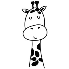 Cute giraffe head vector monochrome black and white illustration, baby animal clipart isolated on transparent background. Outline drawing for logo, web, poster, print. Doodle hand drawn sketch