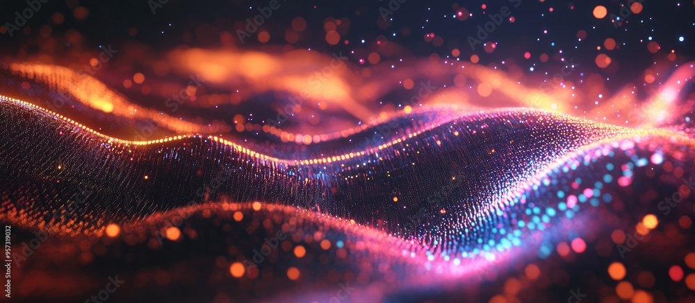 Poster 3d illuminated digital wave of luminous particles creating a futuristic background a technology insp