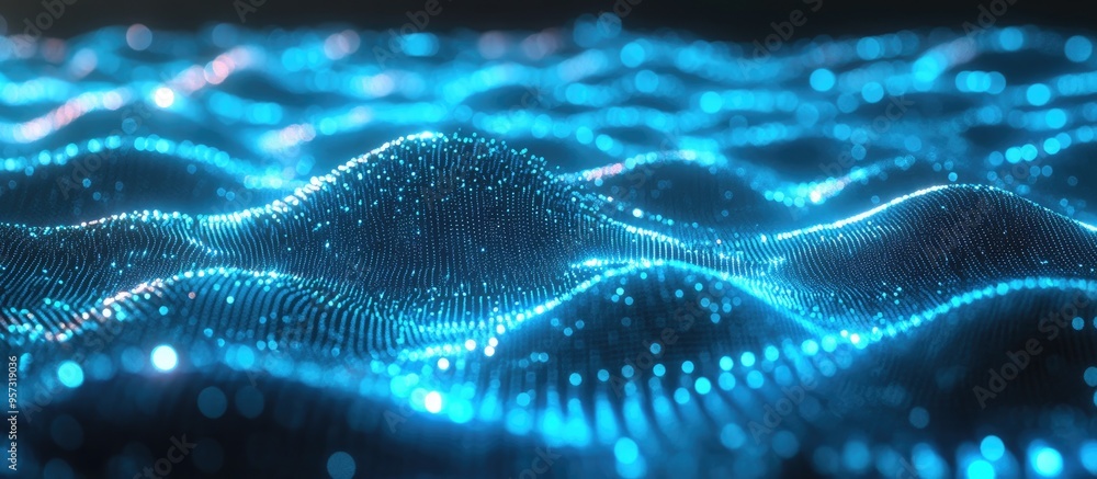 Poster 3d illuminated digital wave of luminous particles creating a futuristic background a technology insp