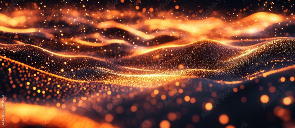 Poster 3d illuminated digital wave of luminous particles creating a futuristic background a technology insp