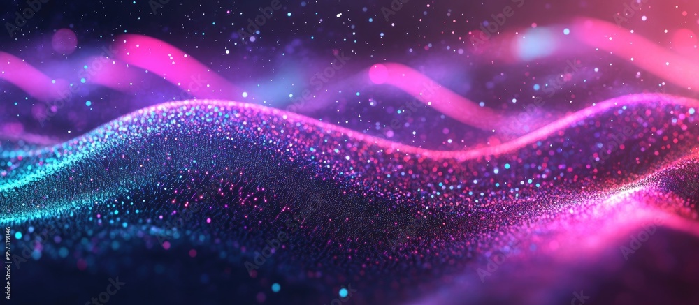 Poster 3d illuminated digital wave of luminous particles creating a futuristic background a technology insp