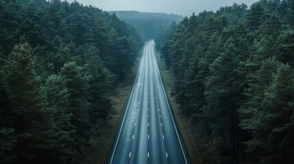 A long stretch of empty motorway cutting through a dense forest, with the road leading towards the horizon, capturing the serenity of an early morning drive