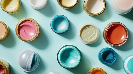 Colorful jars of creams and skincare products arranged on a light blue surface create an eye-catching display for beauty enthusiasts