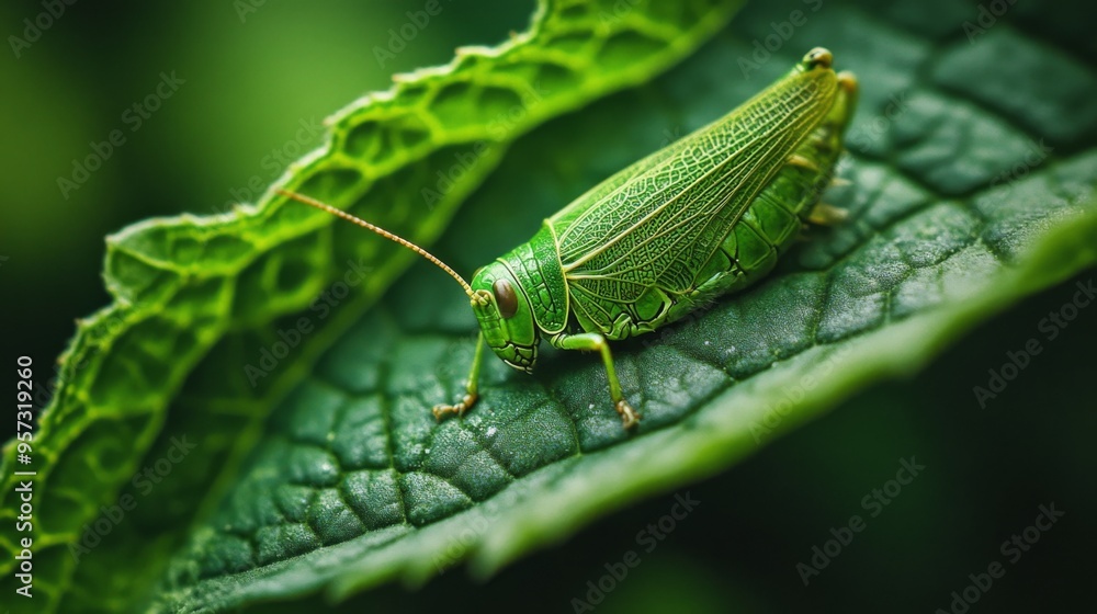 Aufkleber A macro shot of a grasshopper blending into the leaf it is resting on, with its green coloration providing camouflage and the texture of the leaf adding to the detailed image.