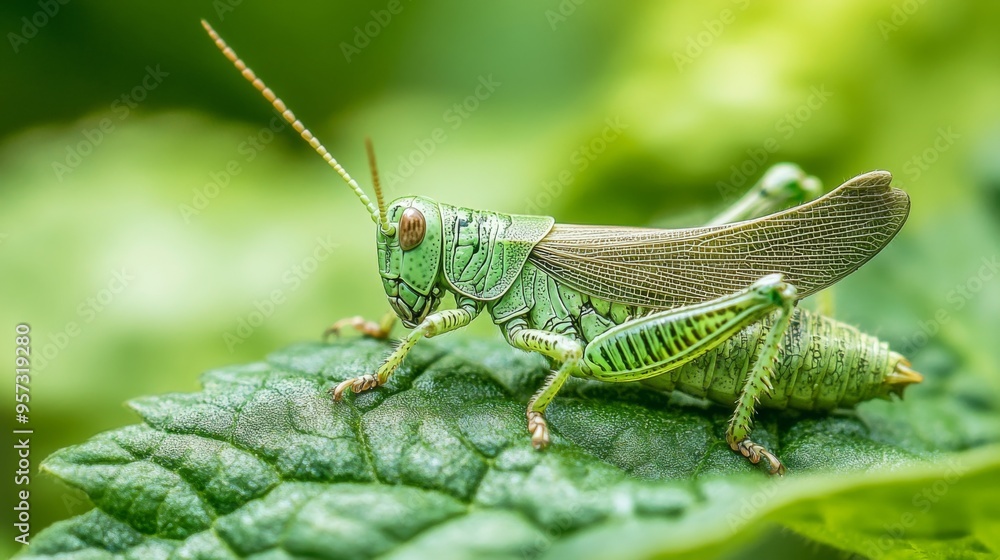 Poster A macro shot of a grasshopper blending into the leaf it is resting on, with its green coloration providing camouflage and the texture of the leaf adding to the detailed image.