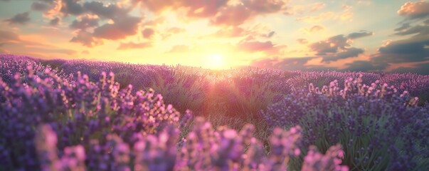 Fototapeta premium Sunrise over a field of lavender in bloom, 4K hyperrealistic photo