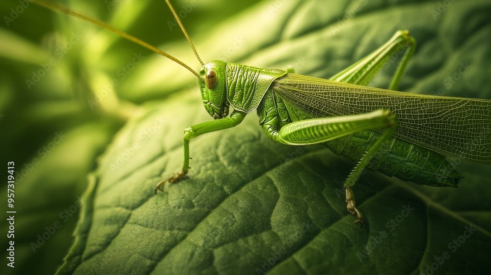 Aufkleber A macro shot of a grasshopper blending into the leaf it is resting on, with its green coloration providing camouflage and the texture of the leaf adding to the detailed image.