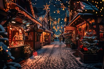 Obraz premium A street is lit up with Christmas lights and decorations, generative ai image