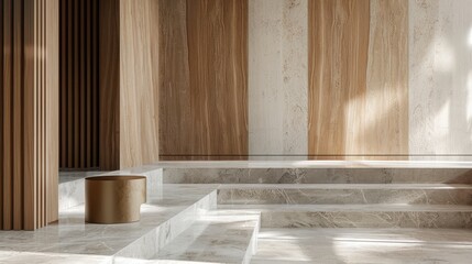 Modern interior design showcasing a staircase with marble steps and a wooden balustrade, featuring a minimalist aesthetic
