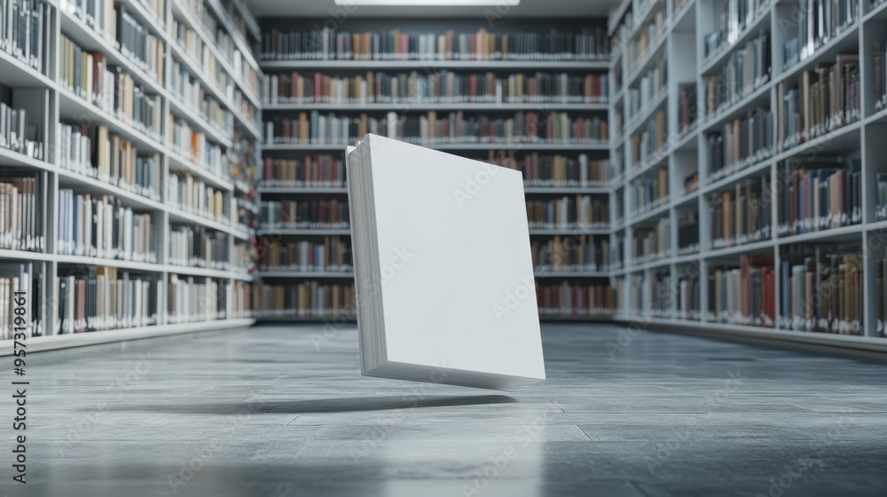 Poster A 3D render of a blank book floating in a modern library