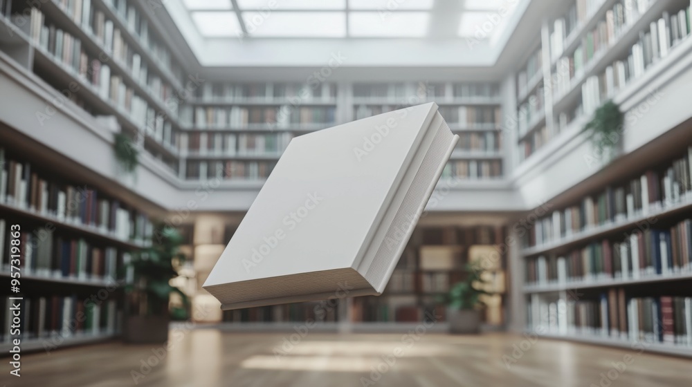 Aufkleber a 3d render of a blank book floating in a modern library