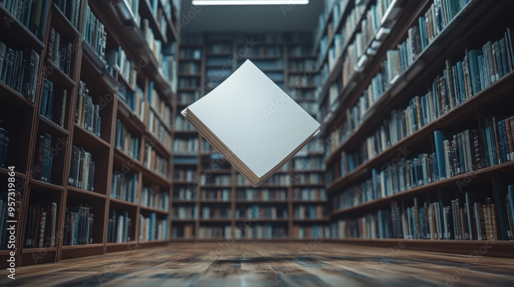 Poster a 3d render of a blank book floating in a modern library