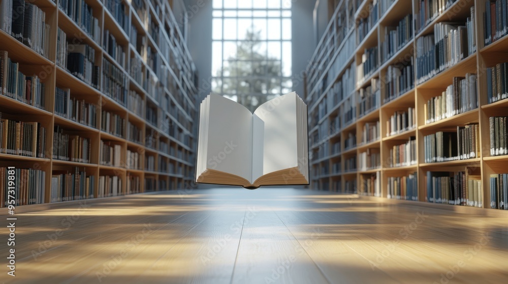 Poster a 3d render of a blank book floating in a modern library