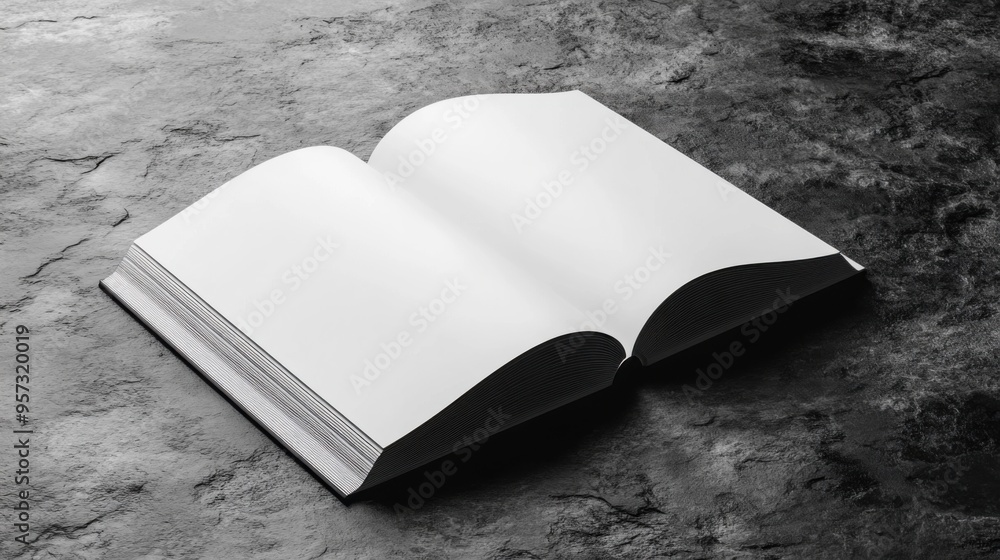 Poster a 3d render of a blank book spread open on a sleek desk