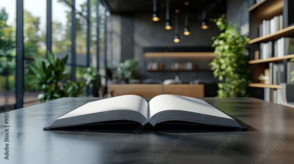 Poster a 3d render of a blank book spread open on a sleek desk