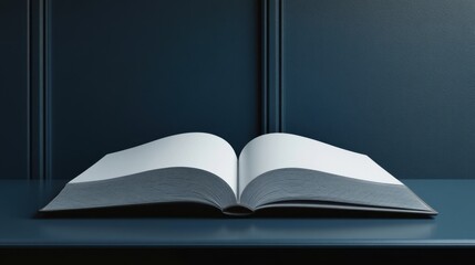 A 3D render of a blank book spread open on a sleek desk